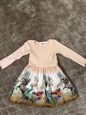 Molo Peach Long-Sleeve Dress with Pegasus & Colorful Animal Print 3/4